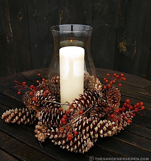 Gathered Pinecones and Crabapples Make a Festive and Elegant Centerpiece