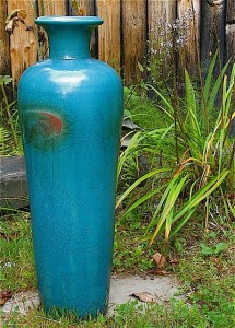 R Foye Raku urn, turquoise crackle glaze