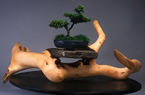 D Holzapfel Heaven and Earth Bonsai Table, 16" 31" 25', maple root w:embedded rock and scorched oak